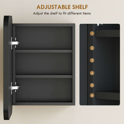 Bathroom Mirror Cabinet | Wall Mounted | 2 Adjustable Shelves | Soft Close Hinges | Arc Mirror | 40x10x51cm | 6kg | Black