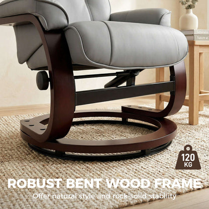 Swivel Recliner Chair & Footstool | PU Leather | 360° Swivel | 135° Recline | Bent Wood Frame | 120kg | Grey