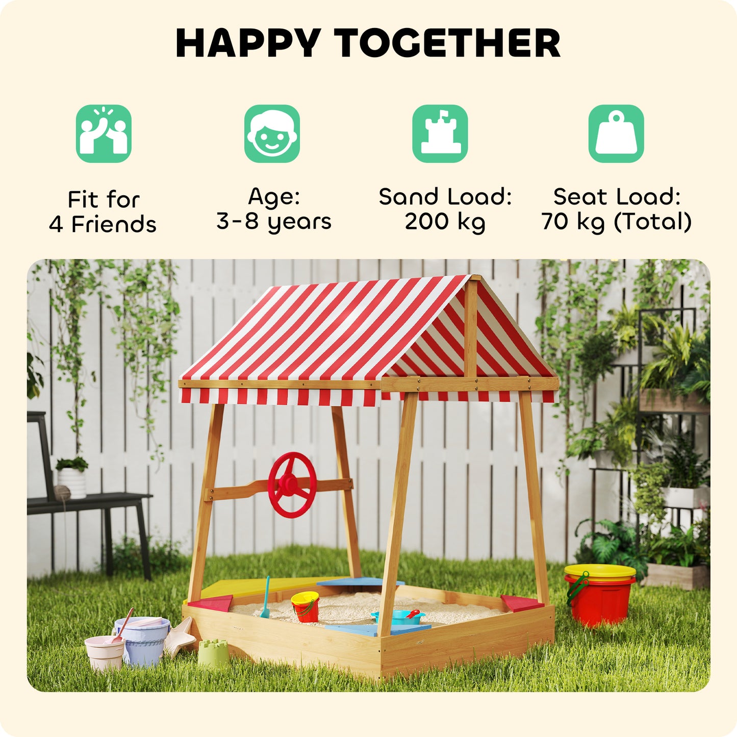 AIYAPLAY Wooden Kids Sandpit Boat Style with Canopy, 4 Seats, Rudder, Bottom Liner, for Children 3-8 Years, Yellow