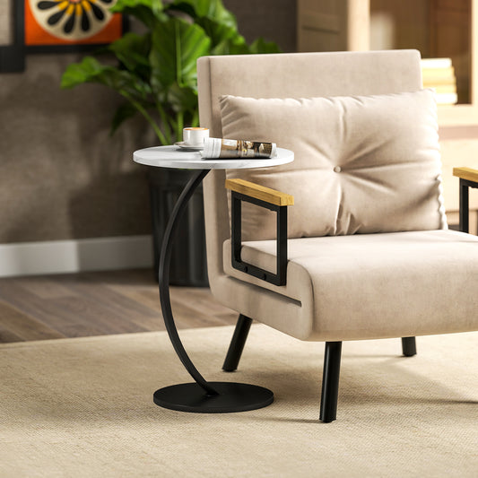 C Shaped Side Table, Round Bedside Table with Marble Effect Top, Modern Coffee Table Sofa End Table, White