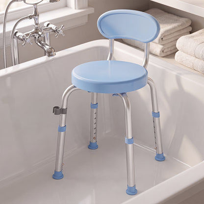 360° Swivel Shower Stool | Aluminium Frame | 5-Level Adjustable Height 63–75cm | Backrest | Non-Slip | 136kg | Shower Head Holder | Light Blue