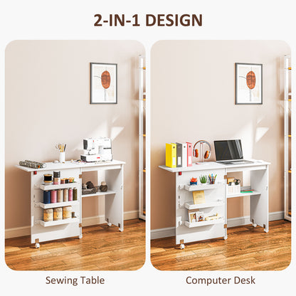 Folding Sewing Table, Drop Leaf Craft Table with Storage Bins, Open Shelf and Wheels, Rolling Sewing Machine Cabinet for Small Space