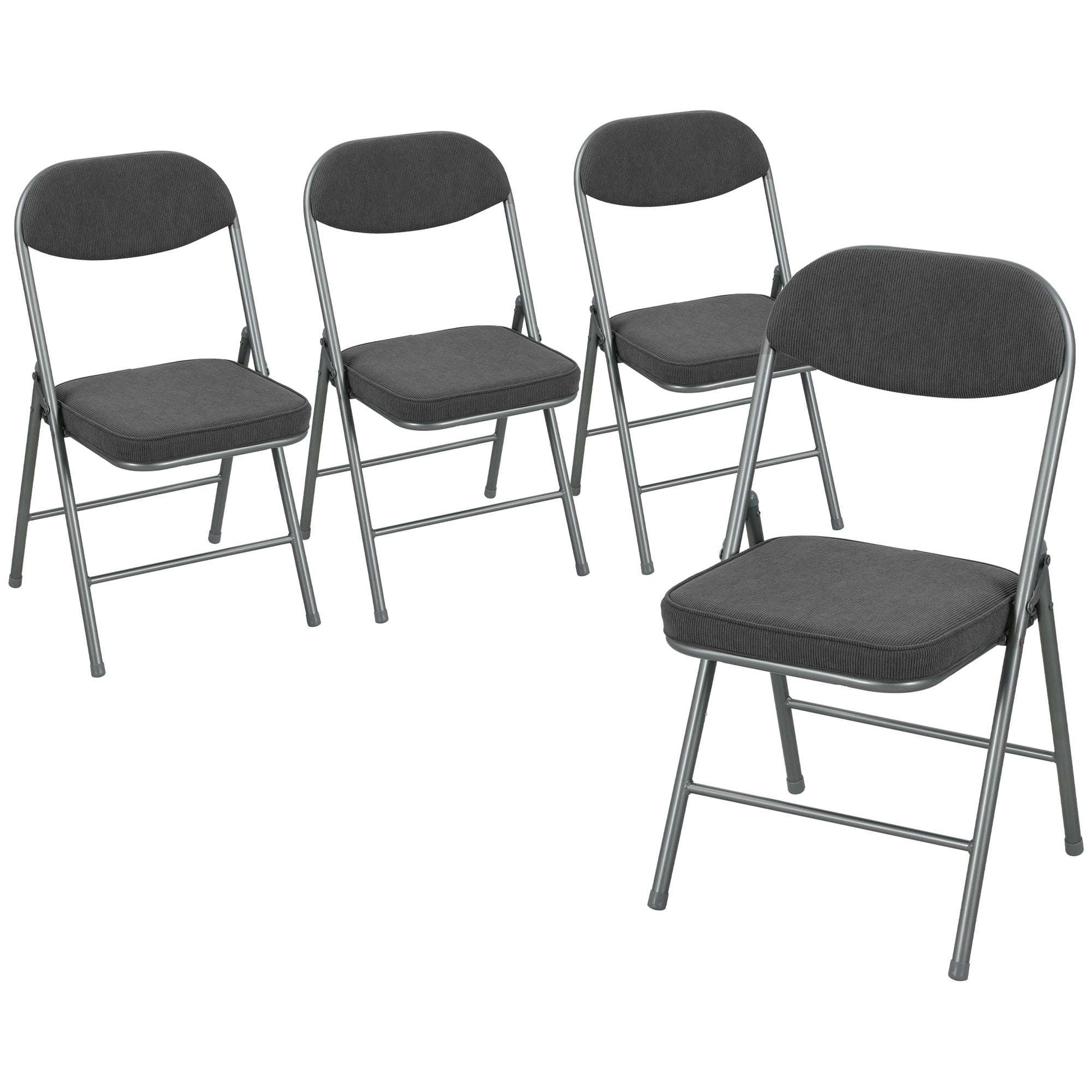 Set of 4 Folding Corduroy Chairs | High Back | Padded Seat & Back | Steel Frame | 120kg | No Assembly | Dark Grey