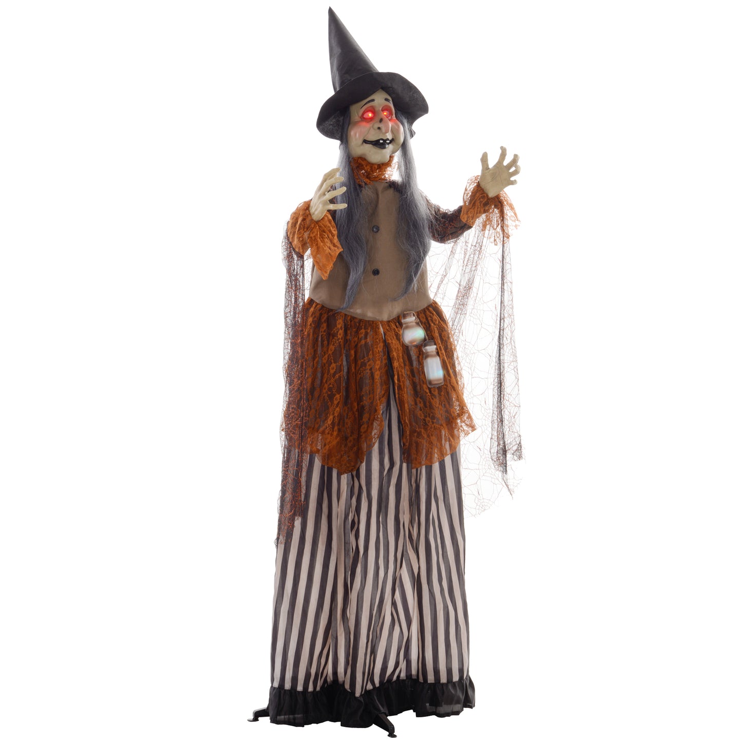 183 cm Life Size Halloween Animated Standing Fat-Faced Witch with Red Light Up Eyes, Sound Activated Moving Arms & Head, Scary Witch Halloween Decorations, Battery Operated, Indoor Party Props