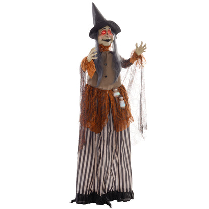 183 cm Life Size Halloween Animated Standing Fat-Faced Witch with Red Light Up Eyes, Sound Activated Moving Arms & Head, Scary Witch Halloween Decorations, Battery Operated, Indoor Party Props