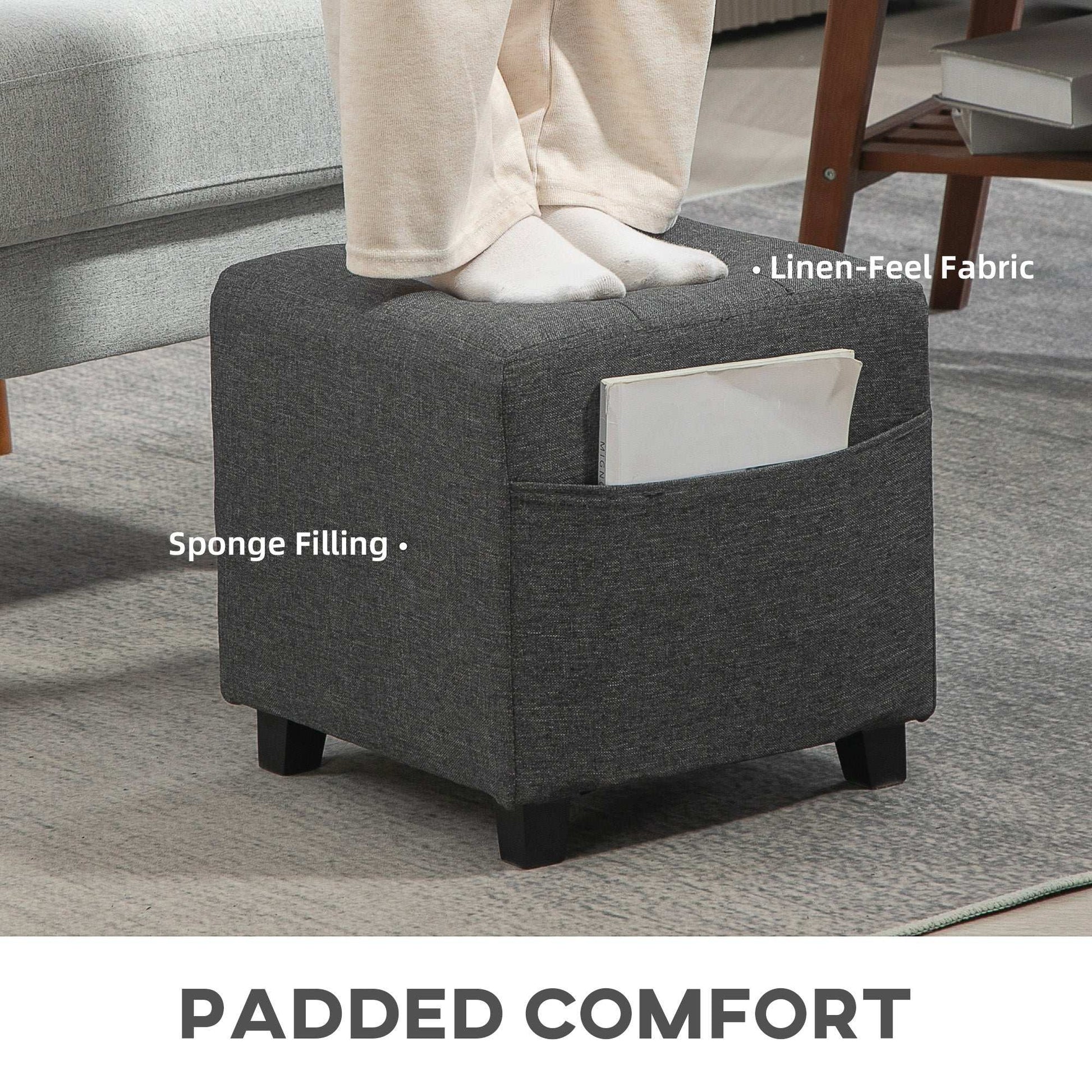 Square Footstool, Small Ottoman with Side Pocket, Linen Fabric Foot Stool W/ Rubber Wood Legs and Pad Seat for Living Room, 35 x 35 x 35cm, Grey