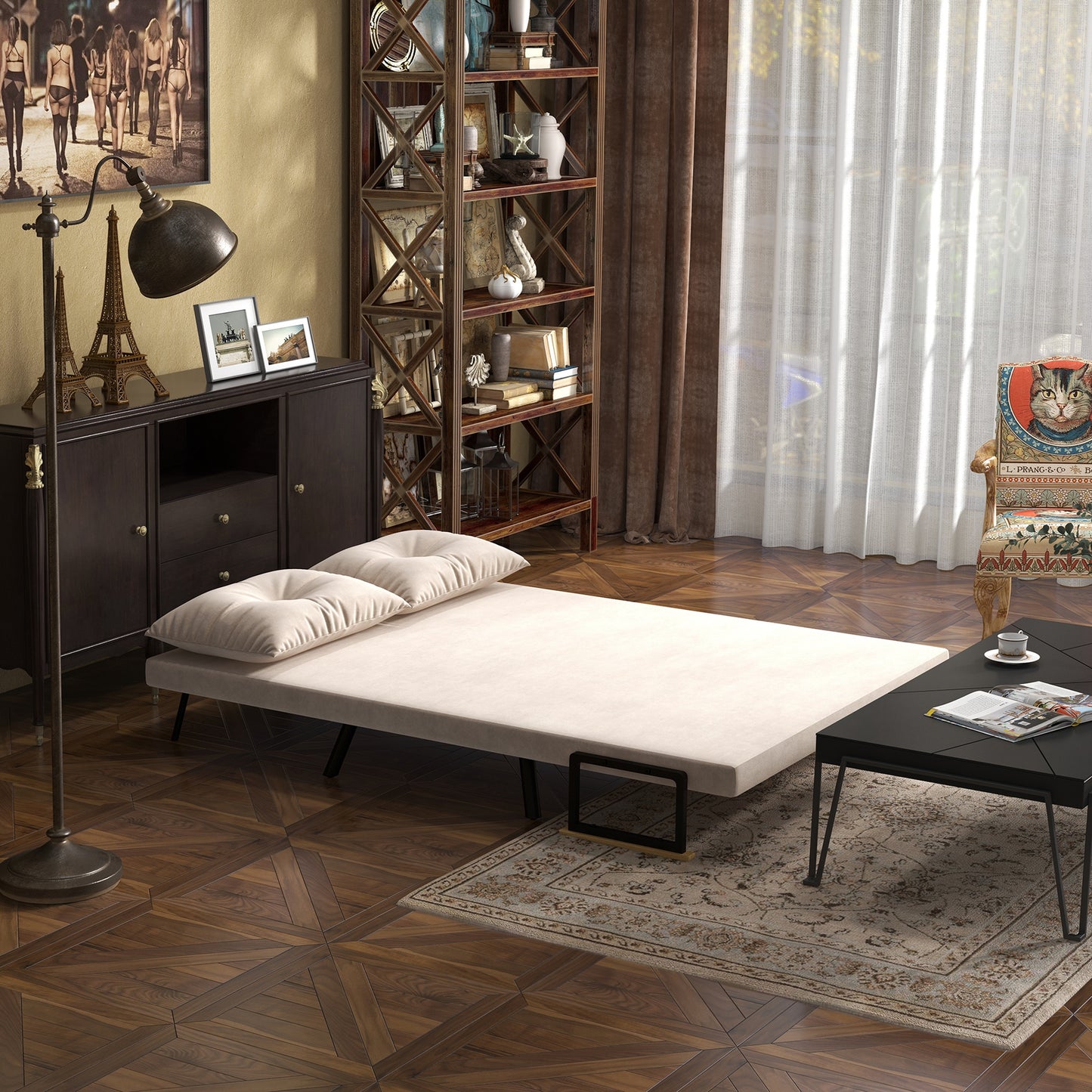 Click Clack Sofa Bed, Convertible 2 Seater Sofa Couch with 2 Cushions, for Living Room, Bedroom, Beige