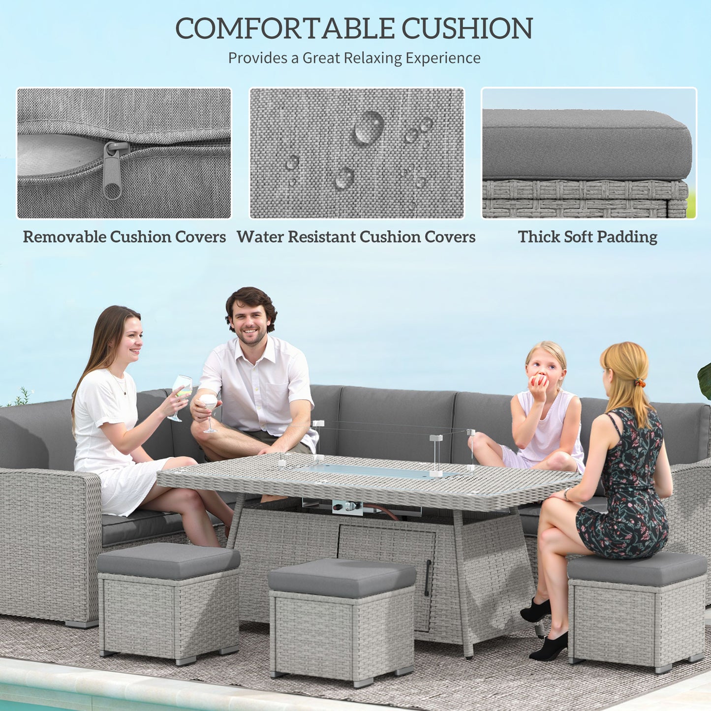 7 Piece PE Rattan 6 Seater Garden Furniture Set, 50,000 BTU Gas Fire Pit Table, Double Corner Sofa and 3 Footstools, for Conservatory, Grey