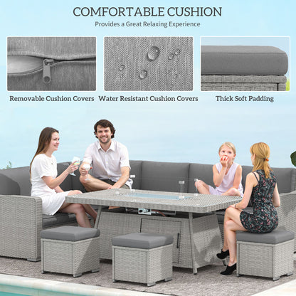 7 Piece PE Rattan 6 Seater Garden Furniture Set, 50,000 BTU Gas Fire Pit Table, Double Corner Sofa and 3 Footstools, for Conservatory, Grey