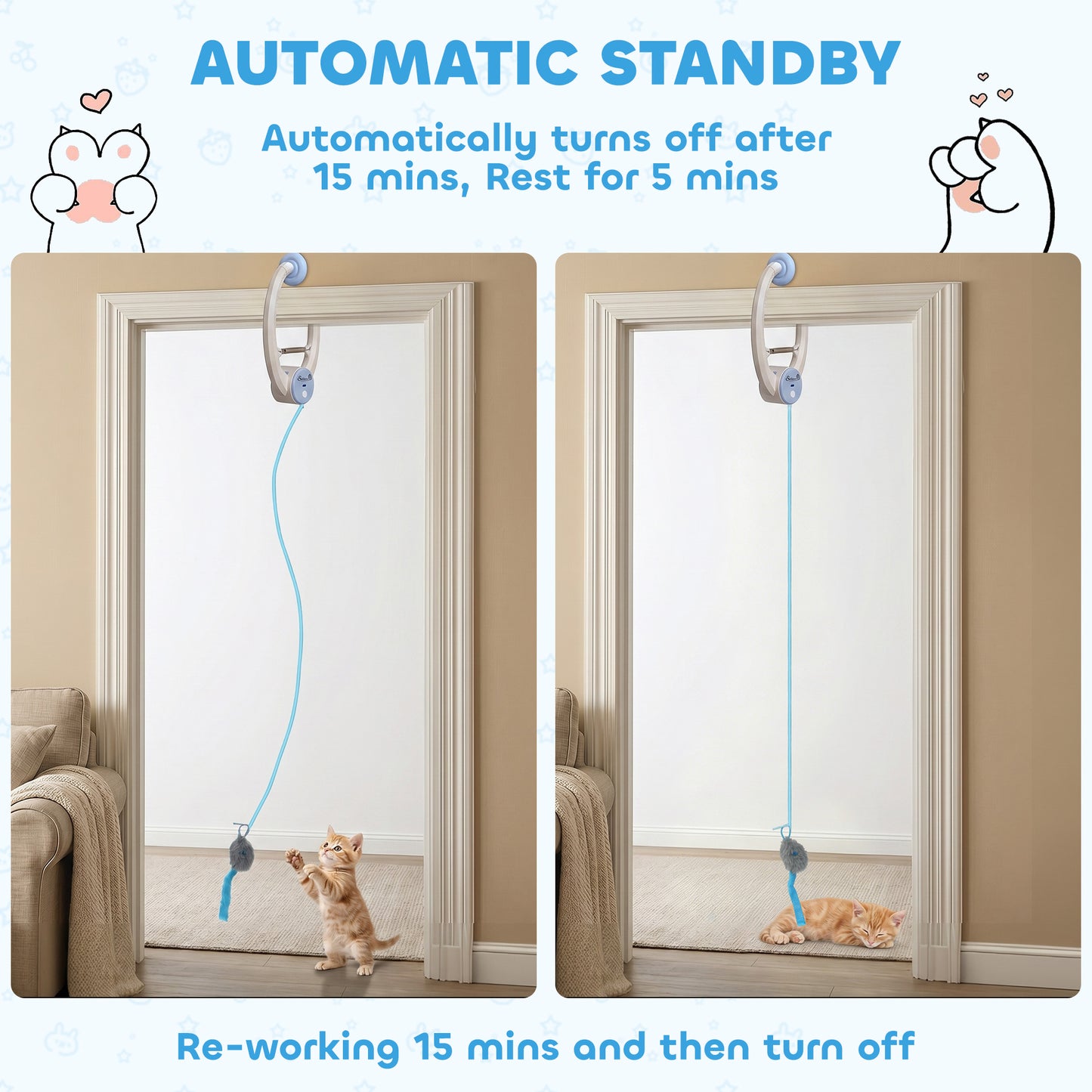 Door Hanging Bouncing Mouse Cat Toy | Touch Sensor | Adjustable Cord | USB-C | 15-Min Timer | White