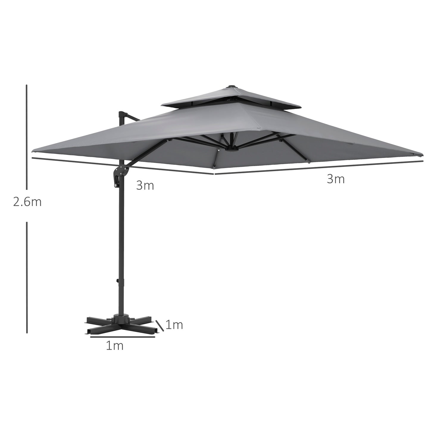 Outsunny 3 x 3(m) Cantilever Parasol with Aluminium Frame, Crank and Tilt, 360° Rotation, Double Top Garden Umbrella with Base and Cover, Light Grey