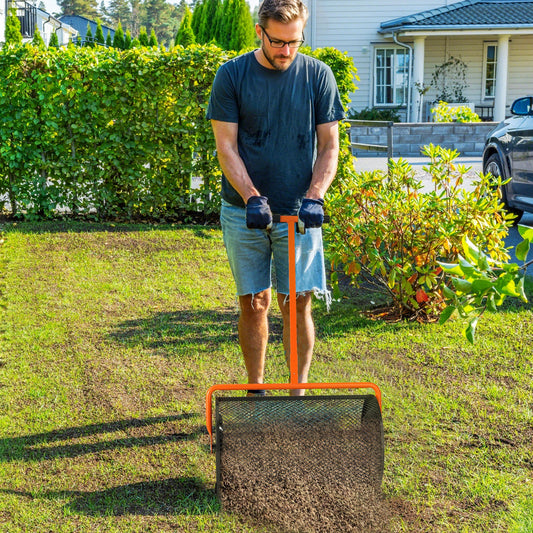 Garden Compost Spreader, 24" Peat Moss Spreader with Height Adjustable T Shaped Handle and Metal Mesh Basket for Seeding, Spreading Manure