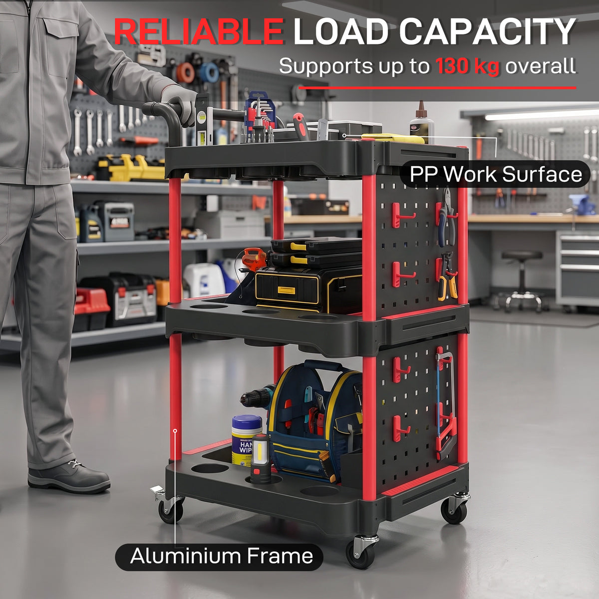 3-Tier Rolling Tool Cart | Mobile Workshop Trolley with Pegboard, 8 Hooks & 2 Brakes | 130 kg Capacity | Black & Red