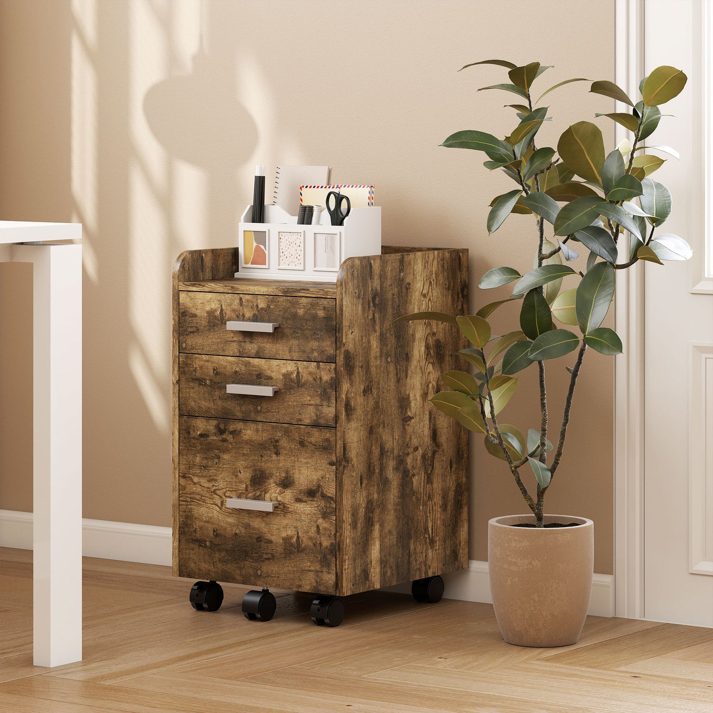 3 Drawer Filing Cabinet, Rolling File Cabinet with Edged Top for Letter, A4 Size, Hanging File Folders, Rustic Brown