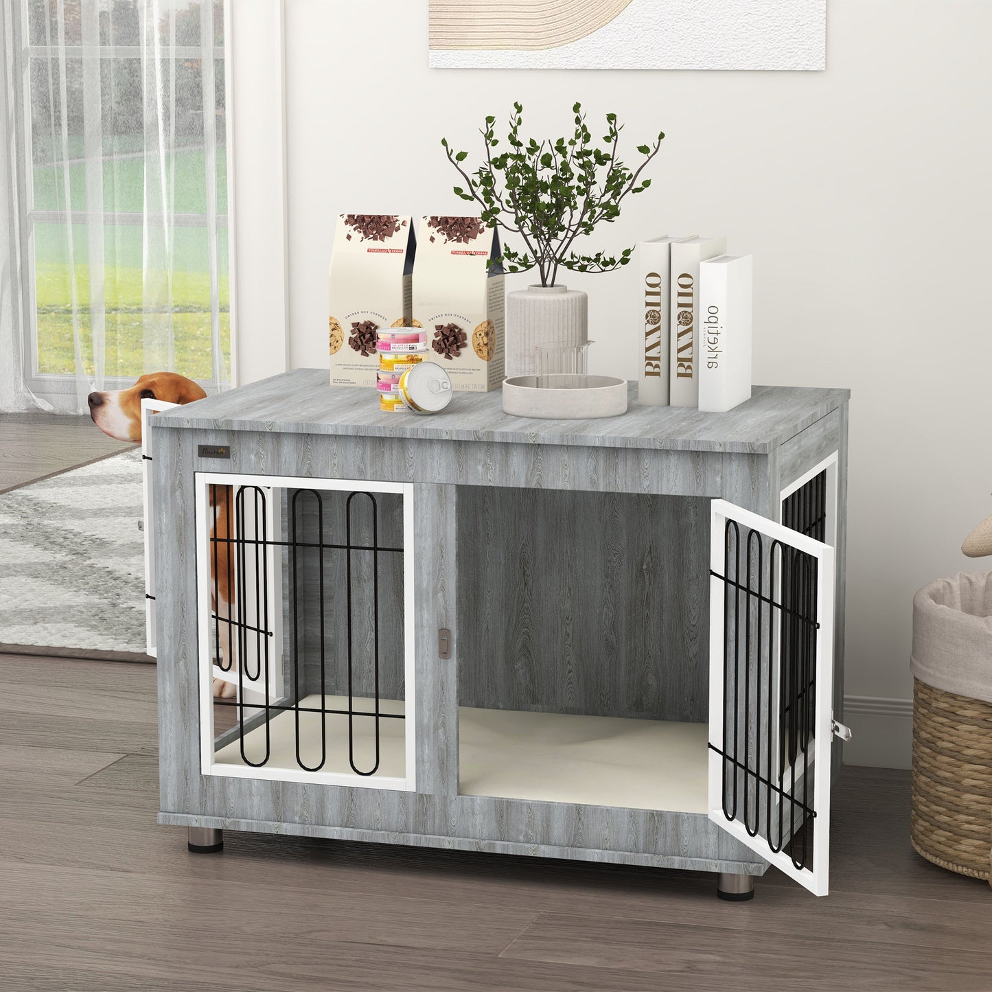PawHut Dog Crate Furniture Side Table | Washable Cushion | Double Doors | Medium & Large Dogs up to 25kg | 90 x 58 x 65cm | Grey