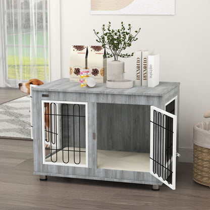 PawHut Dog Crate Furniture Side Table | Washable Cushion | Double Doors | Medium & Large Dogs up to 25kg | 90 x 58 x 65cm | Grey