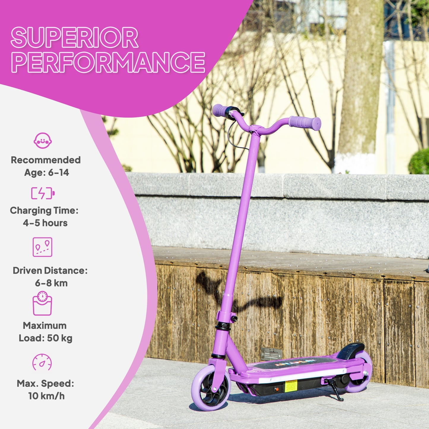 AIYAPLAY Electric Scooter for Kids Ages 6-14, with Colourful Light and Electric Brake, Kids Electric Scooter E Scooter, Up to 10 KM/H & 8 KM, Purple / Blue / Pink
