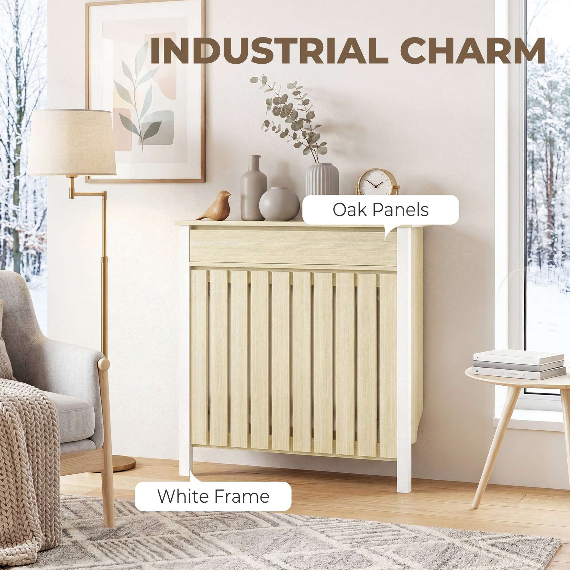 MDF & Particle Board Radiator Cover with 1 Drawer | Vertical Slats | Flat Top Display Surface | Wall Mountable | Pre-Cut Outs | 14kg Capacity | 88.5x19x93cm | Oak & White