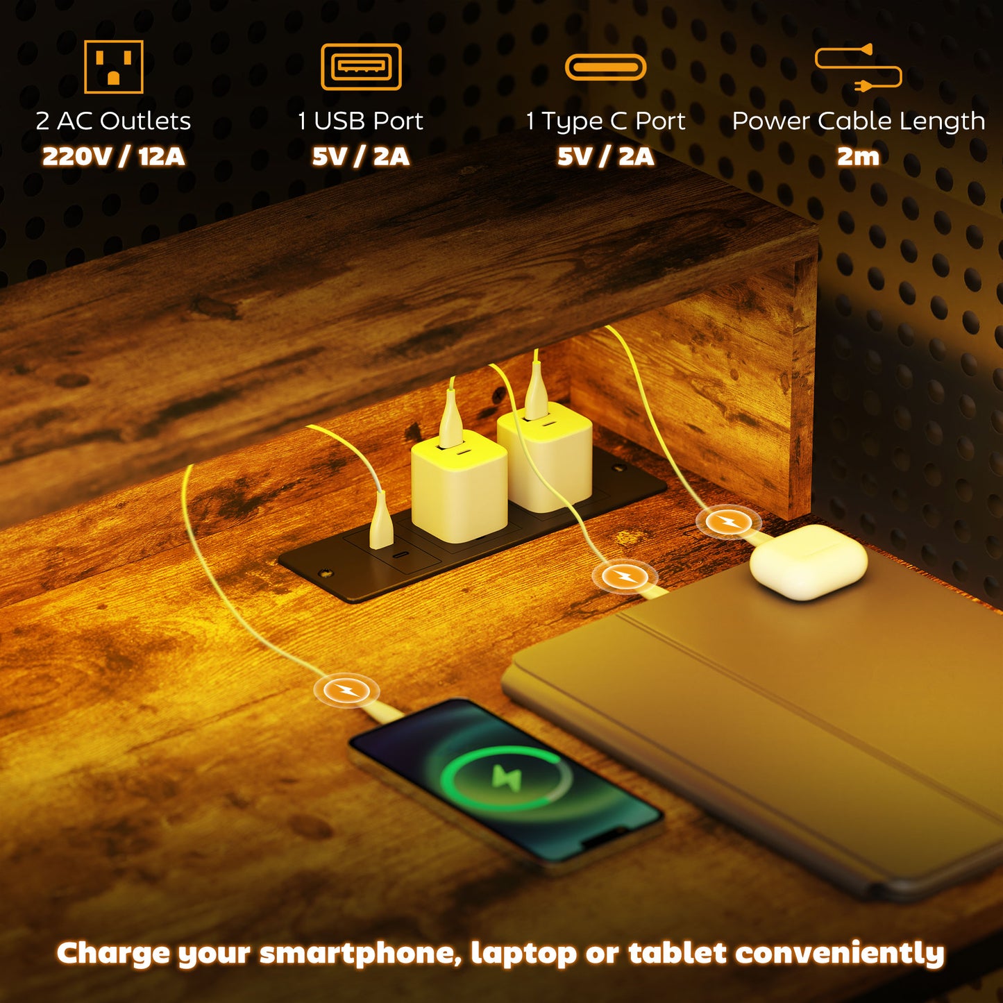 Computer Desk W/ LED Lights and Power Outlets, Gaming Desk W/ Monitor Stand, Computer Table with Remote for Home Office Study, Rustic Brown
