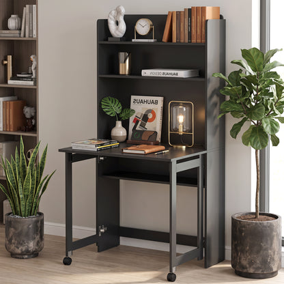 Foldable Computer Desk | Storage Shelves | 80 x 69 x 155 cm | Black