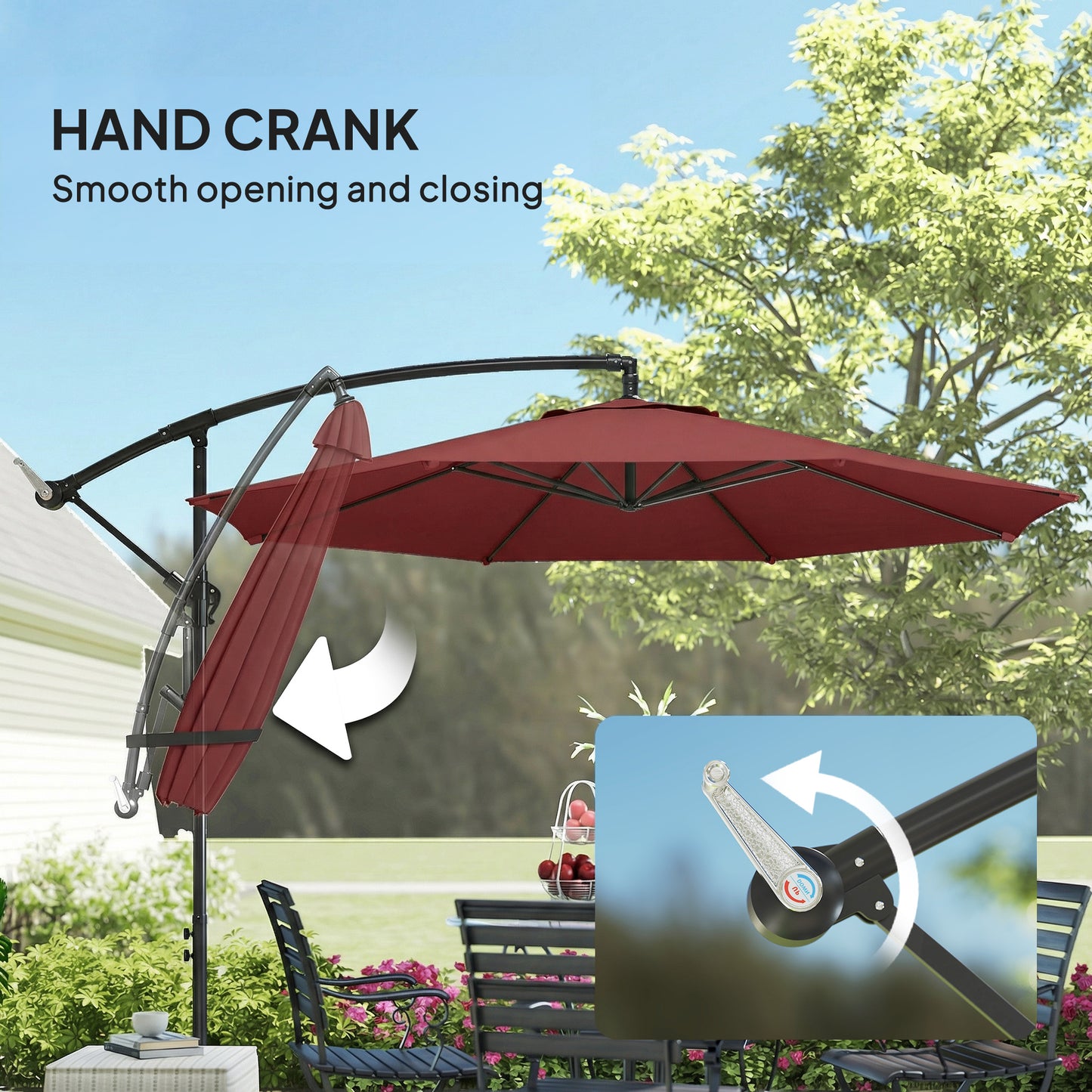 3m Cantilever Parasol with Cross Base | Crank Lift | Adjustable Angle | UV Resistant | 8-Rib | Wine Red