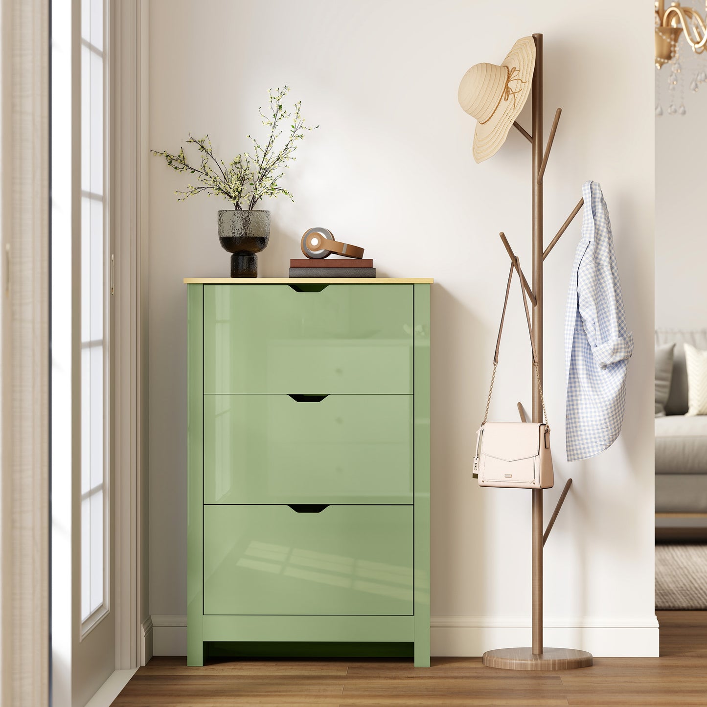 Slim Shoe Cabinet, Narrow Shoe Cupboard with 3 Flip Drawers, Adjustable Shelves for 18 Pairs of Shoes, High Gloss