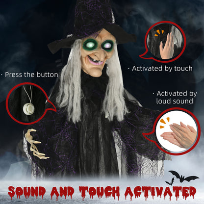 6ft Outdoor Halloween Decoration Witch, Standing Witch Prop Life Size with Sound and Motion Activated, Light Up Eyes, Talking Sound, Posable Arms