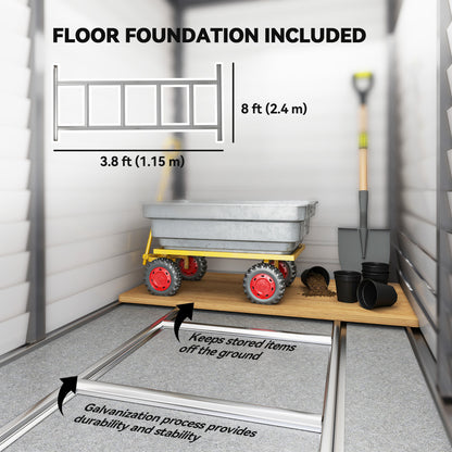 5 x 9ft Galvanised Metal Garden Shed with Foundation Kit, Outdoor Lean-to Shed, Tool Storage House with Lockable Doors, Grey