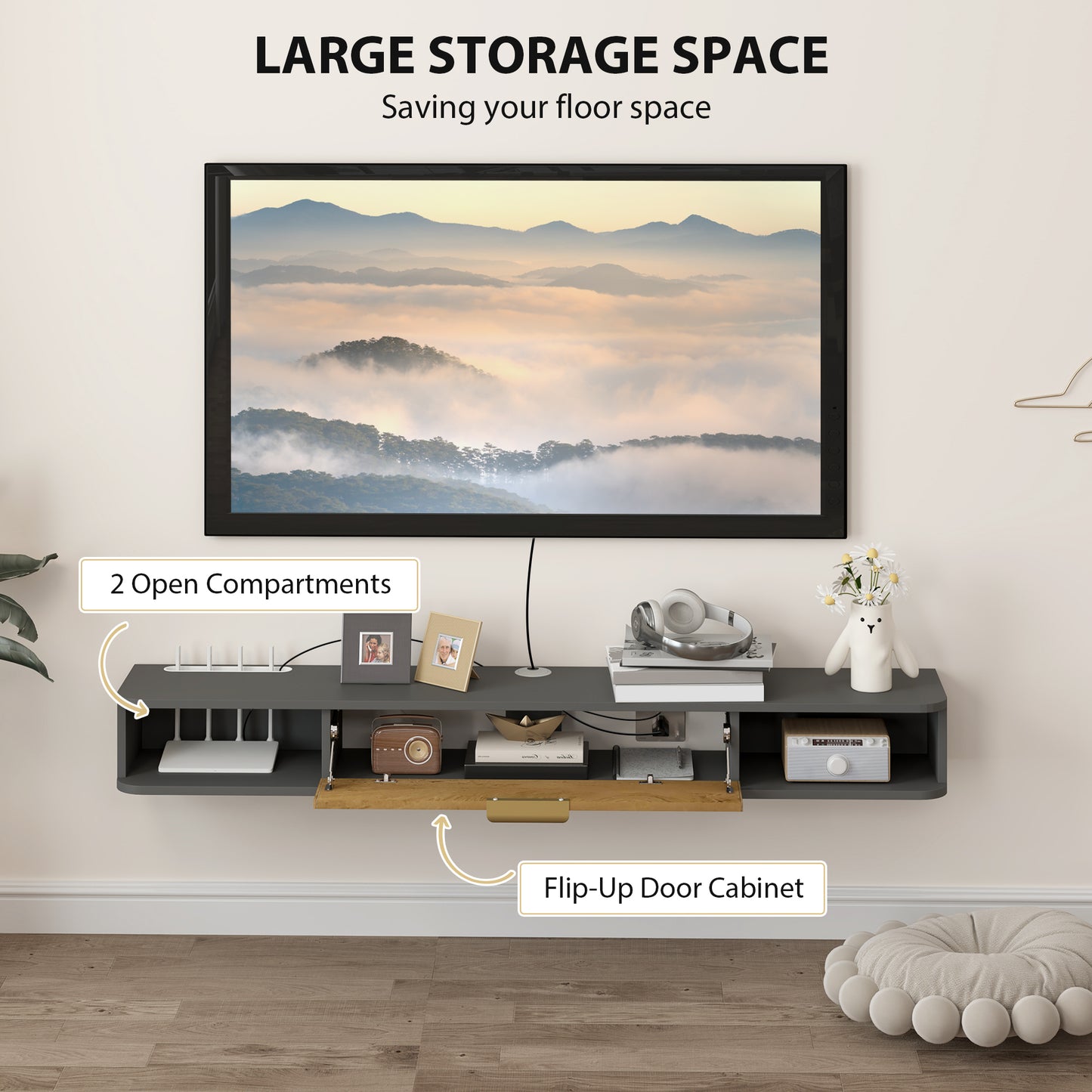 140 cm Floating TV Stand with Storage - Charcoal Grey