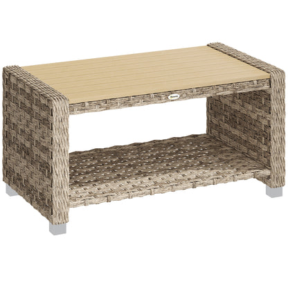 2-Tier Rattan Garden Coffee Table | Storage Shelf | Slatted Top | 50kg | Foot Pads | Light Brown