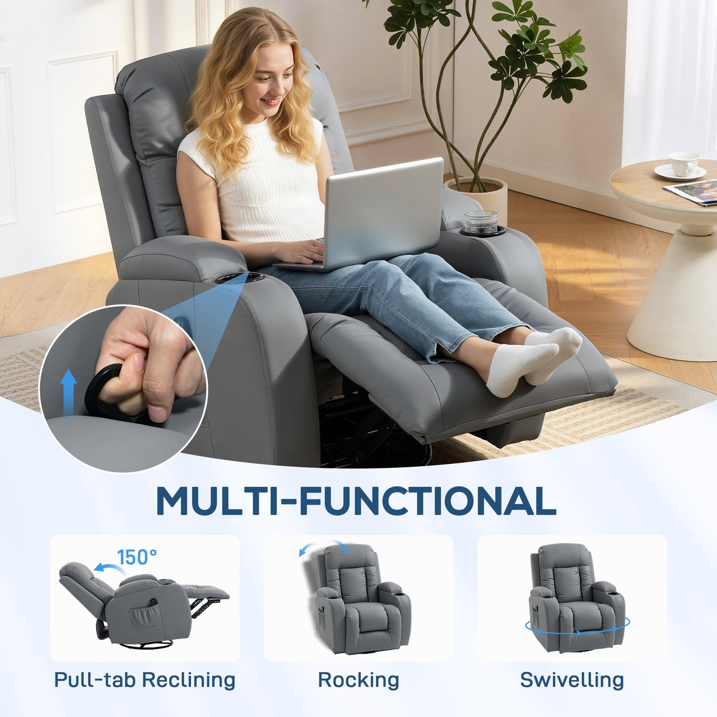 Massage Recliner Armchair, PU Leather Recliner Chair, Grey