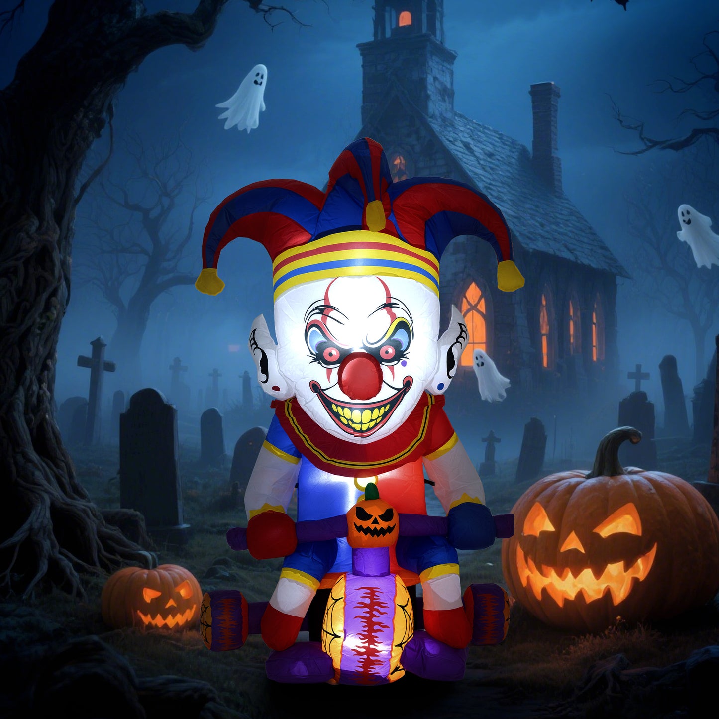 4ft Halloween Inflatable Clown on Bicycle, Blow Up Outdoor Halloween Decoration with 3 Built-in LED Lights for Garden, Party Indoor Outdoor