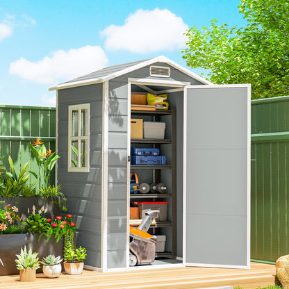 Compact PP & Aluminium Garden Storage Shed with Floor | Apex Roof | Latch Lock & Keys | Side Window | Vent | UV-Resistant | 40kg/m² Snow Rating | 128x104x196cm | Light Grey & White
