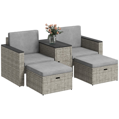5 Piece Rattan Garden Furniture Set, Nesting Outdoor Conversation Set with 2 Footstools, WPC Storage Coffee Table and Cushions