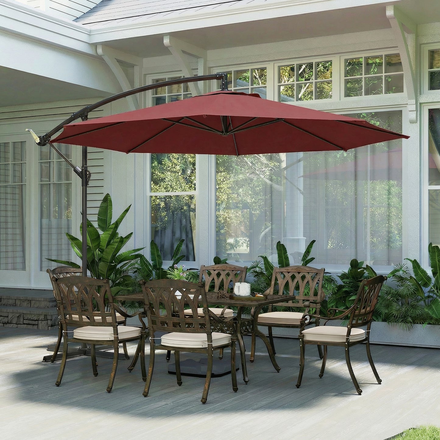 3m Cantilever Parasol with Cross Base | Crank Lift | Adjustable Angle | UV Resistant | 8-Rib | Wine Red