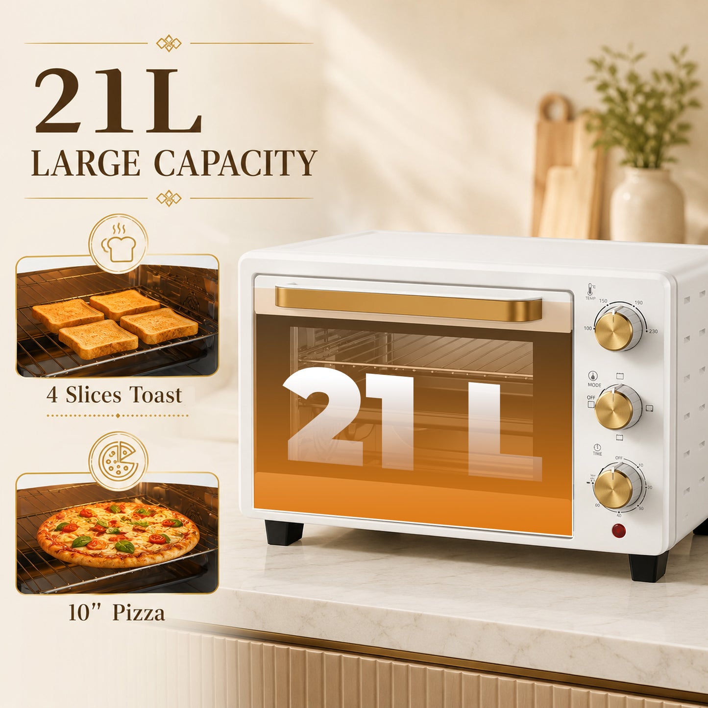 21L Mini Countertop Oven | Adjustable Temperature 100-230°C | 60-Min Timer | White