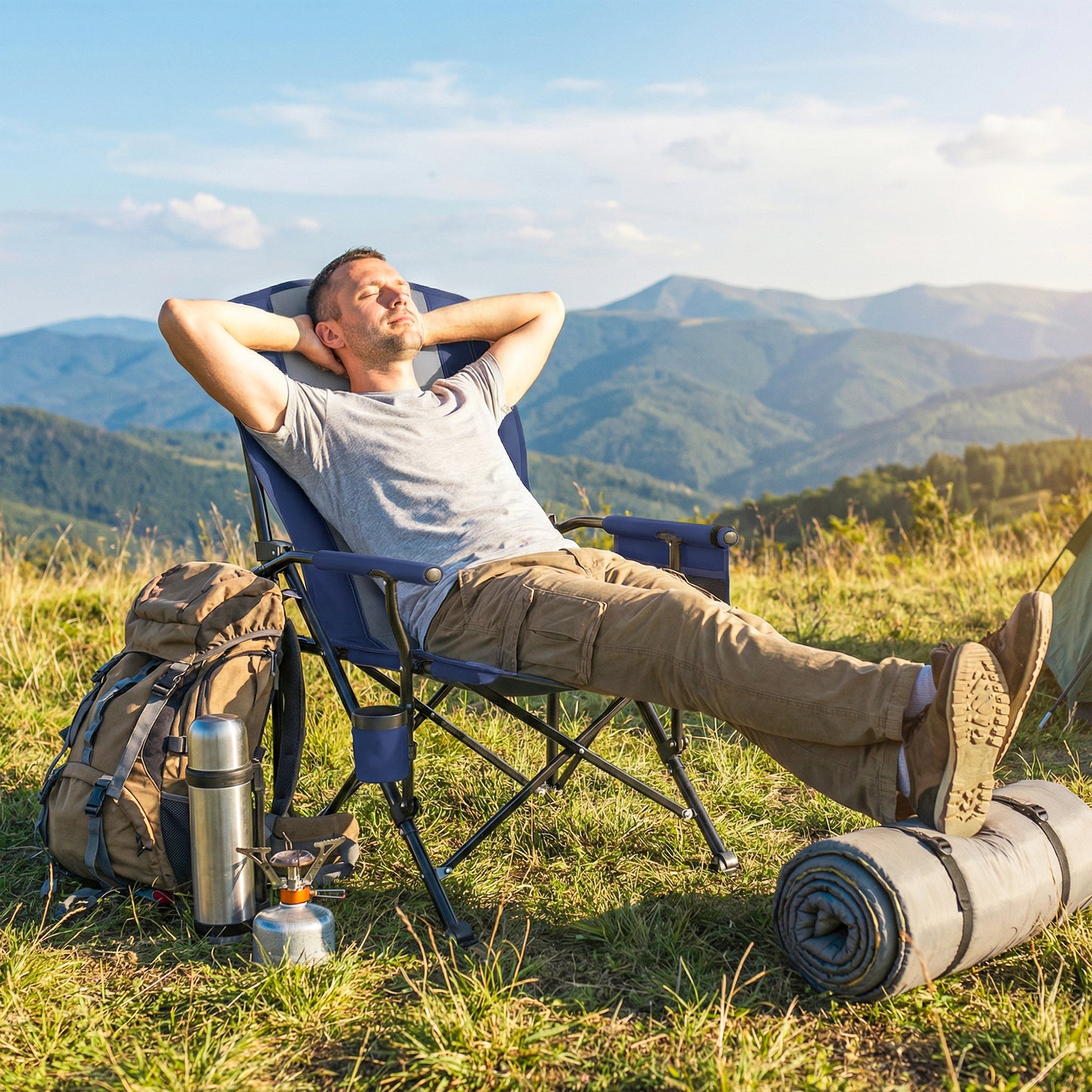 Padded Folding Camping Chair | 50cm Seat | Side Pocket | Cup Holder | Water Repellent Oxford | Carry Bag | 150kg | 59x60x94cm | Dark Blue
