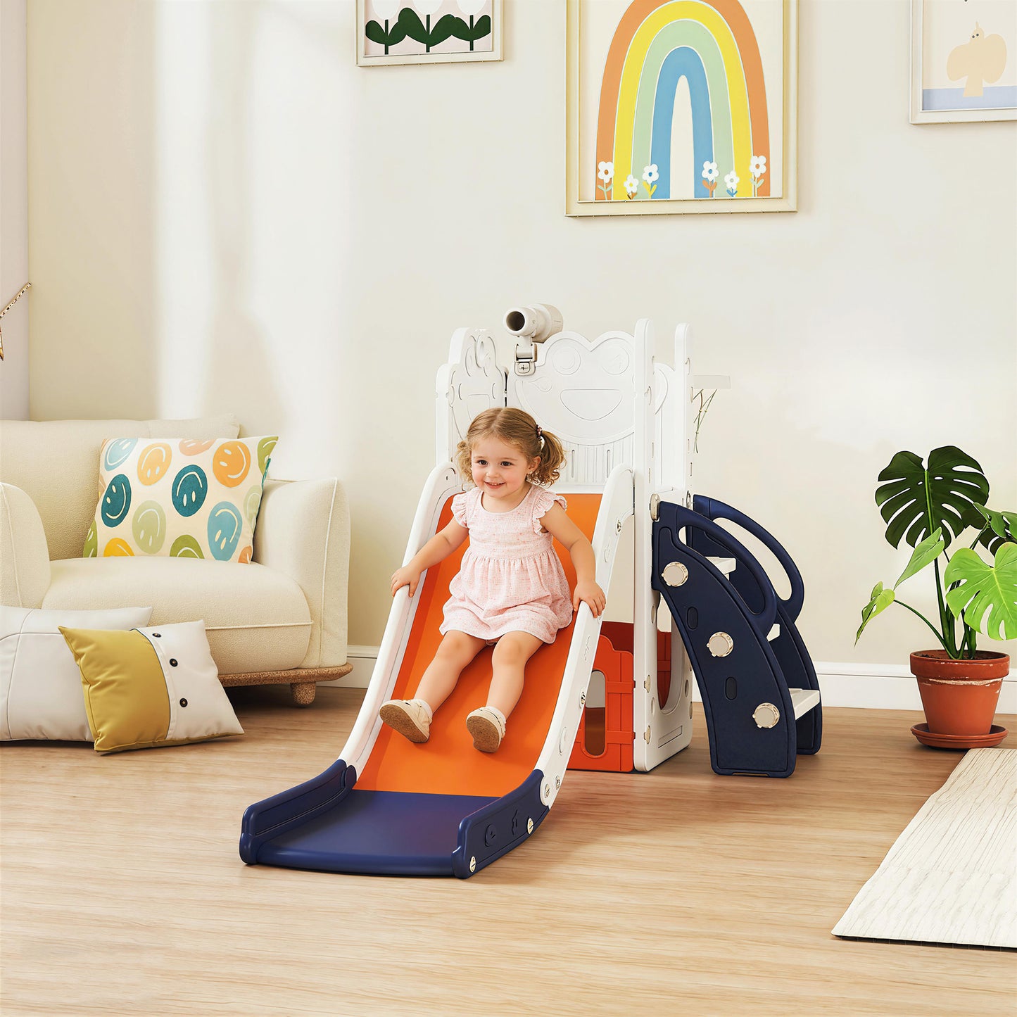 5-in-1 Kids Slide Set with Basketball Hoop, Climbing Frame, Telescope & Storage Box – Anti-Slip Steps, HDPE, Ages 1–3 – Orange