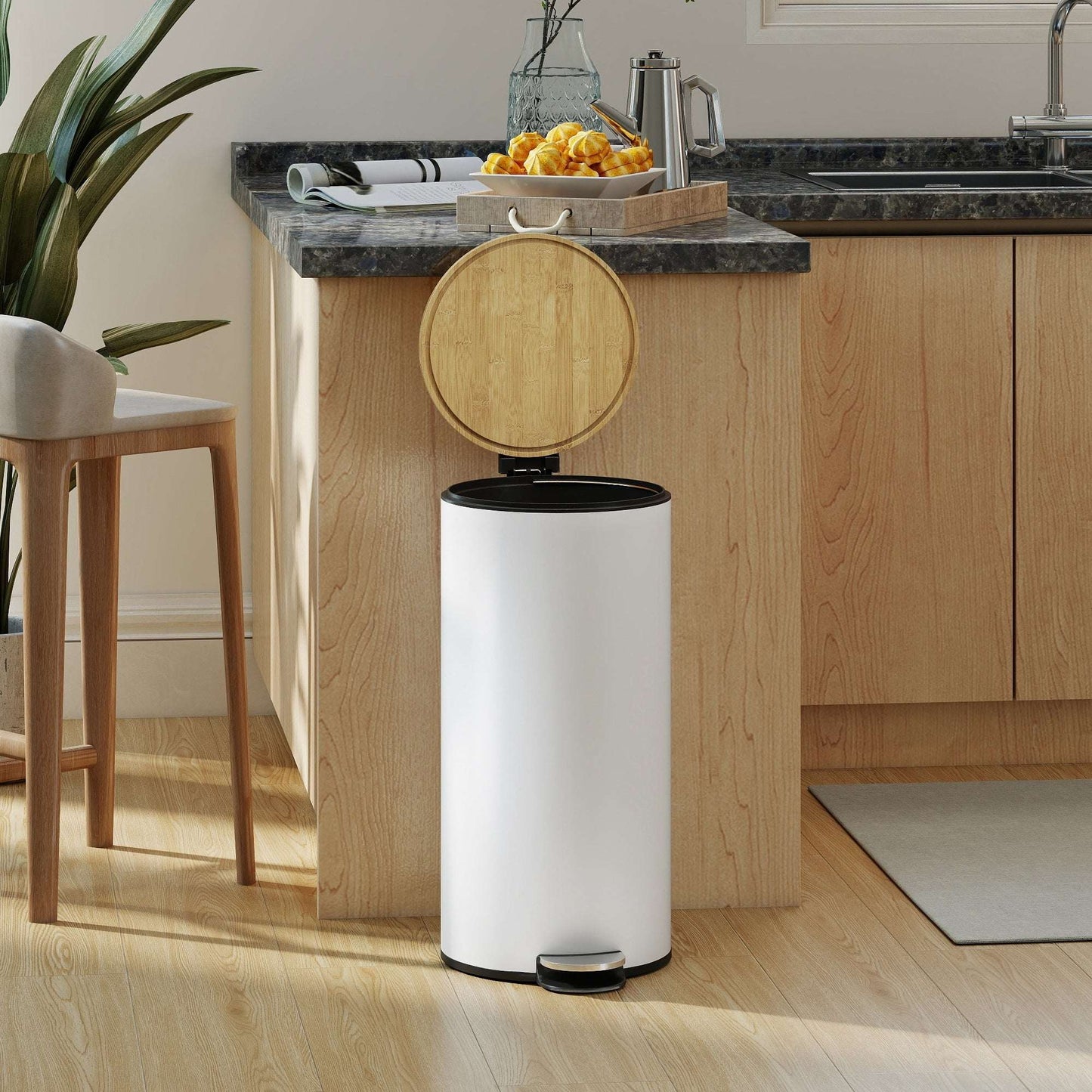 30L Kitchen Pedal Bin | Soft-Close Bamboo Lid | Removable Inner Bucket | Lid Stay-Open | Fingerprint-Proof | Metal & PP | Fully Assembled | 36x30x60.5cm | White & Natural
