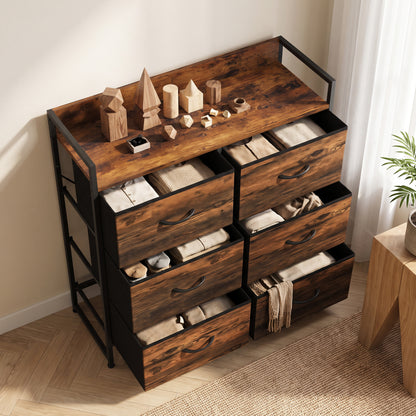 Rustic Chest of Six Fabric Drawers | Rustic Brown & Black | Linen Fabric Steel Particleboard | 80x29x85cm | 35kg Max Load | Adjustable Feet | Industrial Style | Bedroom Storage