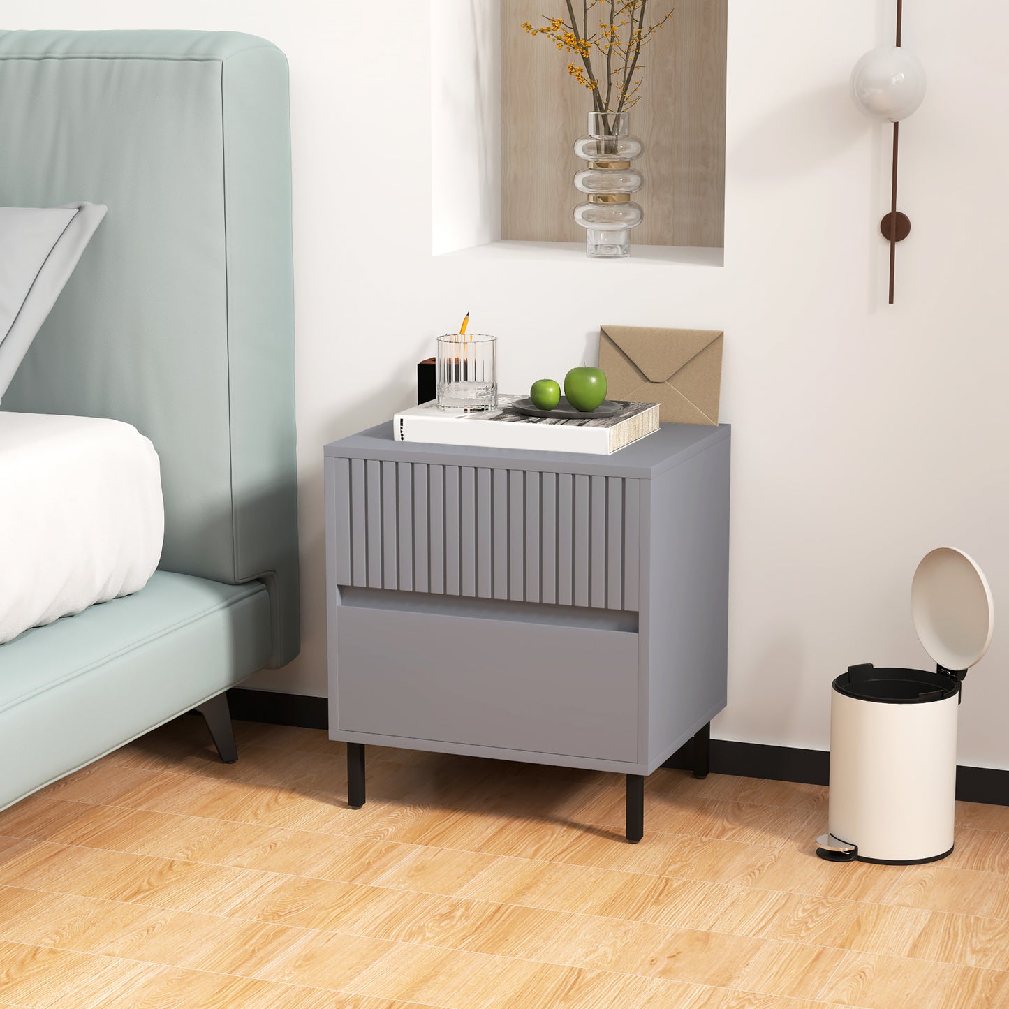 Simple Line Indented Two-Drawer Bedside Table - Grey