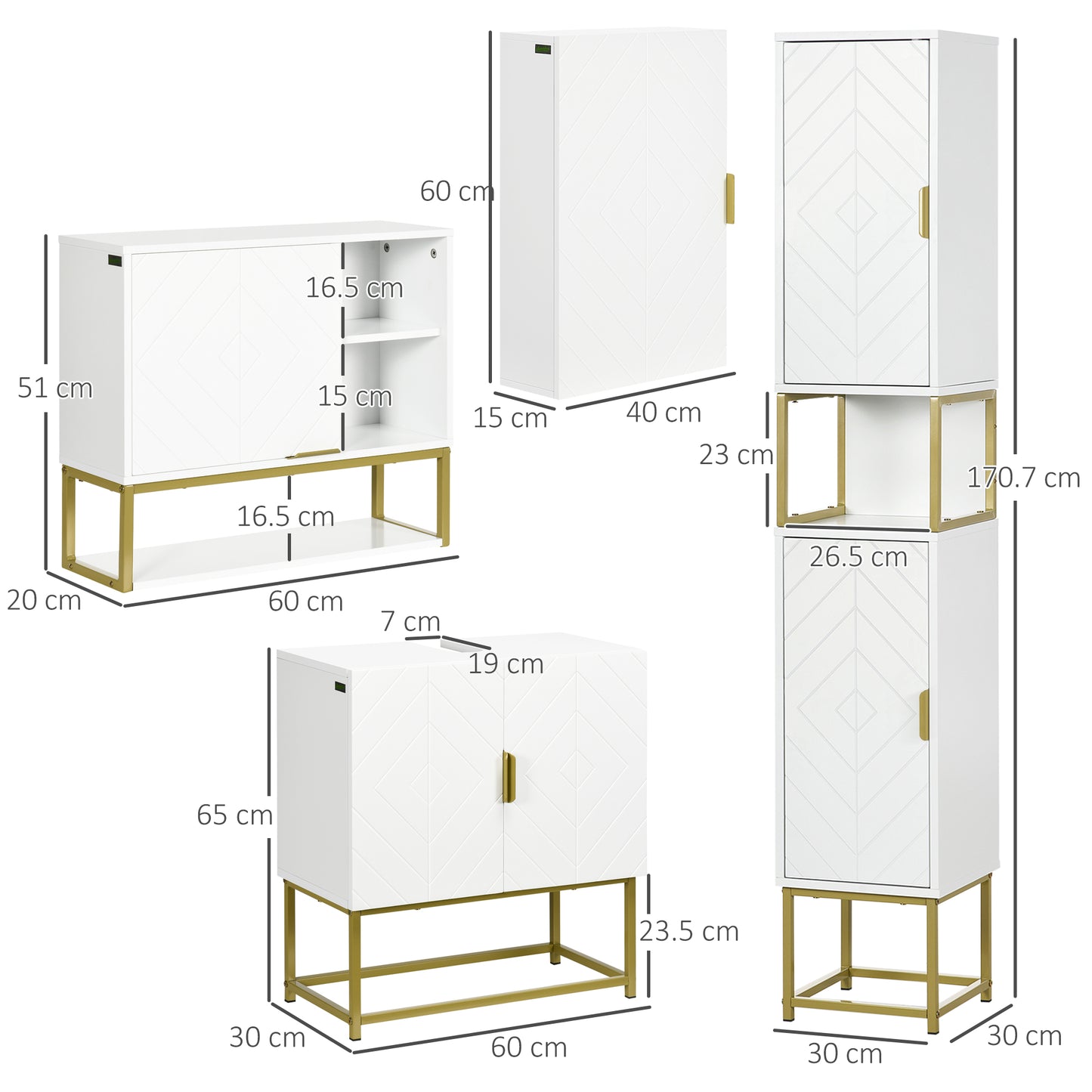 Kleankin 4 Piece Bathroom Furniture Set, Freestanding Tall Bathroom Cabinet, Under Sink Storage Cabinet, 2 Wall Mounted Cabinets, White