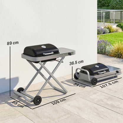 Foldable Suitcase Gas BBQ Grill | 2.5kW | 1800cm² | Wheeled | Side Table | Thermometer | Grease Tray | LPG/Propane | 109x55x89cm | Black