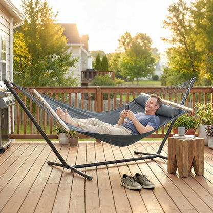 Cotton Hammock | 270x80cm | Headrest | Side Pocket | Hardwood Spreader Bar | Hanging Straps | Portable & Foldable | 120kg | Dark Grey