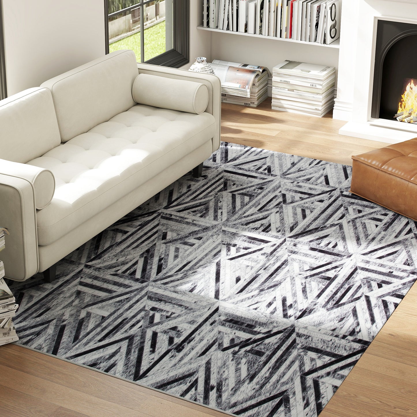 Modern Chenille Area Rug | Faux Leather Patchwork Print | Machine Washable | Non-Slip | Foldable | 290x200cm | Black | Living Room Bedroom Dining Room Home Office