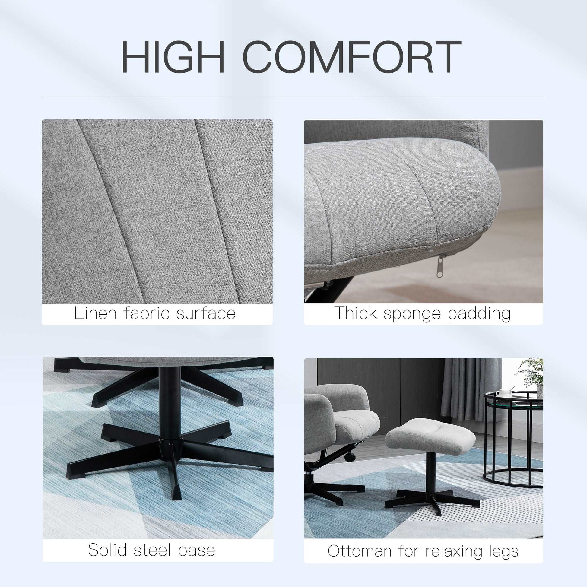 Linen Fabric Recliner and Ottoman Set, Swivel Leisure Lounge Chair with Footstool, 135° Adjustable Backrest and Thick Foam Padding, Light Grey