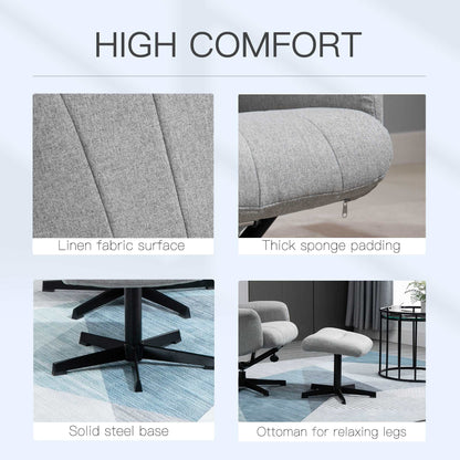 Linen Fabric Recliner and Ottoman Set, Swivel Leisure Lounge Chair with Footstool, 135° Adjustable Backrest and Thick Foam Padding, Light Grey