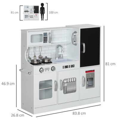 Pretend Play Kitchen, Kids Kitchen Playset, with Toy Phone, Chalkboard, Microwave, Cooking Stove, Sink, White