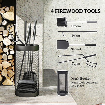 5-Piece Fireplace Tools Set | Mesh Basket | Broom | Shovel | Tongs | Poker | Indoor & Outdoor | Black