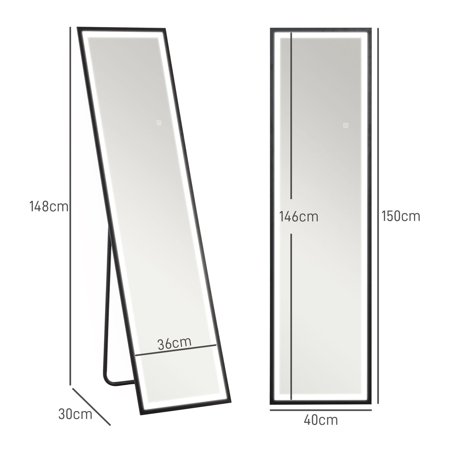 Full Length Mirror with LED Lights, 150 x 40cm Free Standing Mirror with Dimming and 3 Colour Lighting, Leaning or Wall Mirror - Black